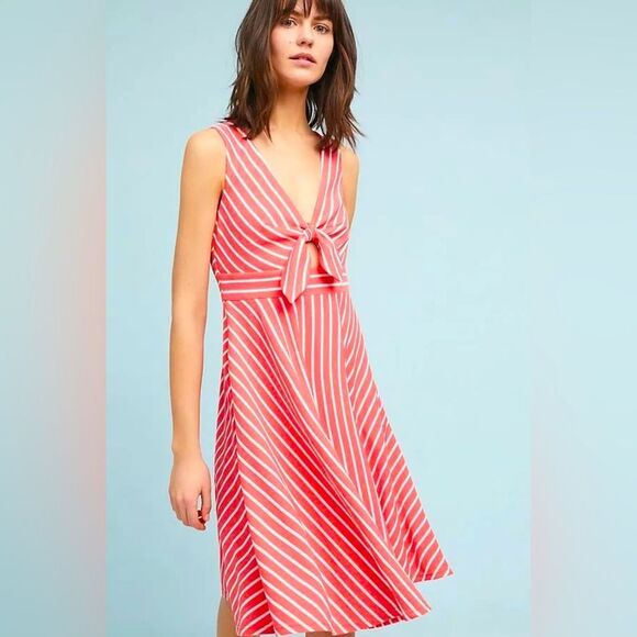 Anthropologie HUTCH April Keyhole Striped Fit & Flare Dress in Coral size XS - Picture 1 of 16